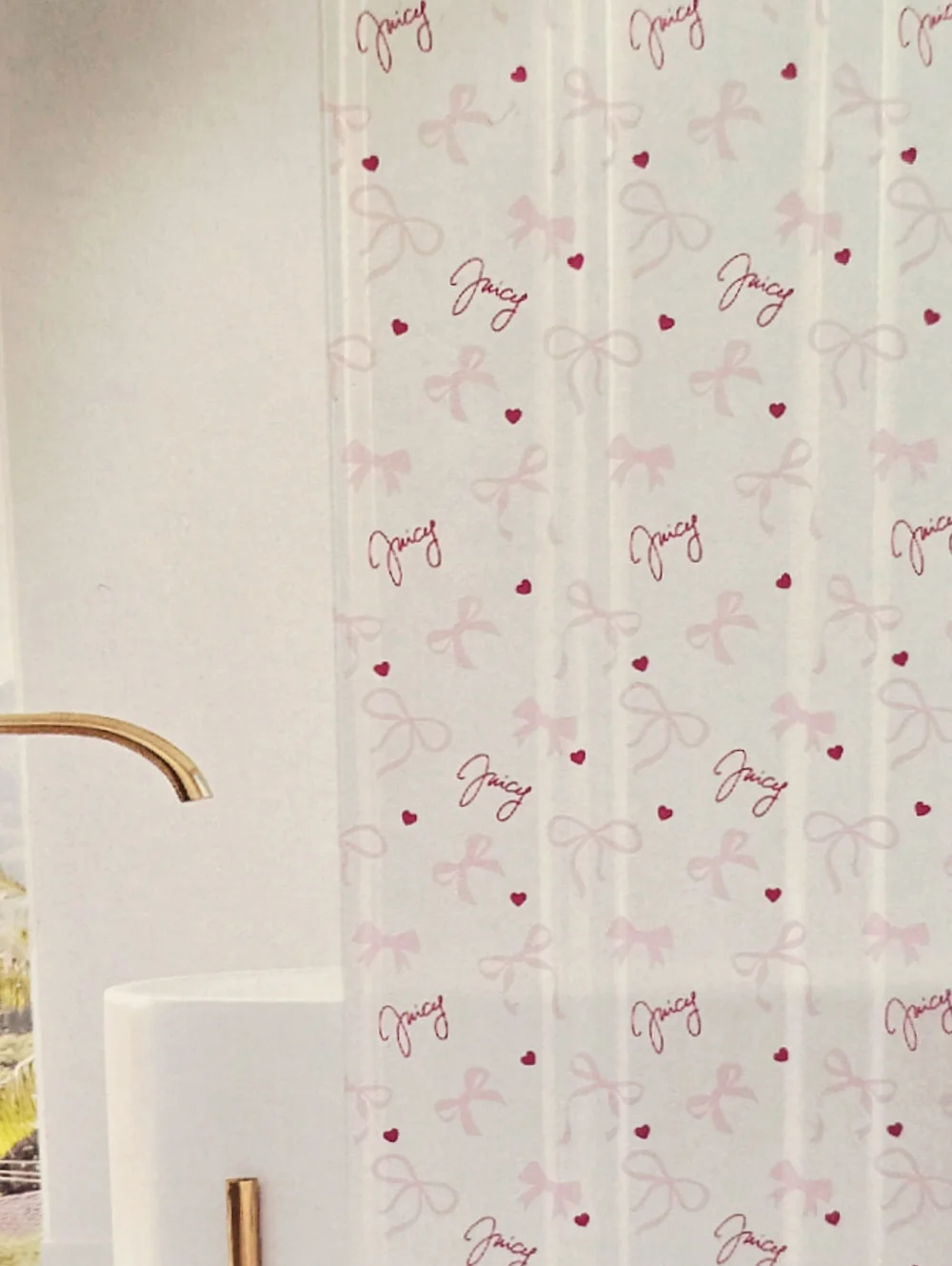 Juicy Couture Home Juicy Script Logo Hearts & Bows PEVA Shower Curtain Liner